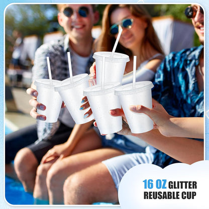 Uiifan 6 Pcs 24 oz Reusable Tumbler with Lids and Straws Plastic Iced Coffee Tumbler Glitter Travel Mug Cup for Smoothie Juices Birthday Party Cold Drink Coffee Cup Bulk for Adult Kid Women (Clear)