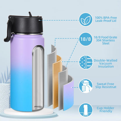 Volhoply 16 OZ Kids Water Bottle Bulk 8 Pack,Insulated Sports Bottles with Straw Lid,Stainless Steel Bottle with Handle Keep Cold & Hot,Double Wall Vacuum Tumbler Cups for School(Eight Color, 8)