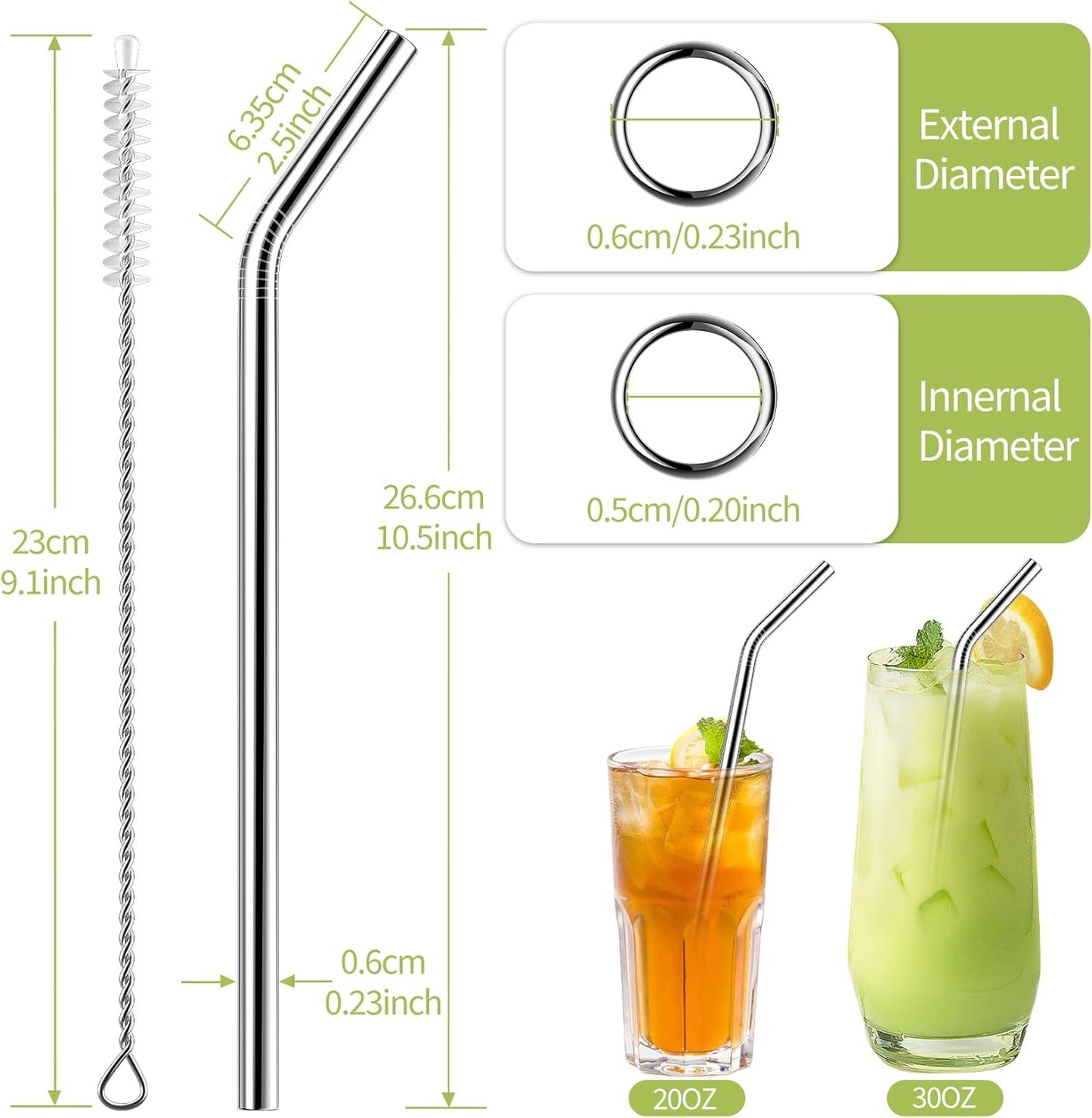 Set of 10 Stainless Steel Straws, HuaQi Straight Reusable Drinking Straws 10.5'' Long 0.24‘’ Dia for 30 oz Tumbler and 20 oz Tumbler, 2 Cleaning Brush Included (10 Straight Straw + 2 Brushes）