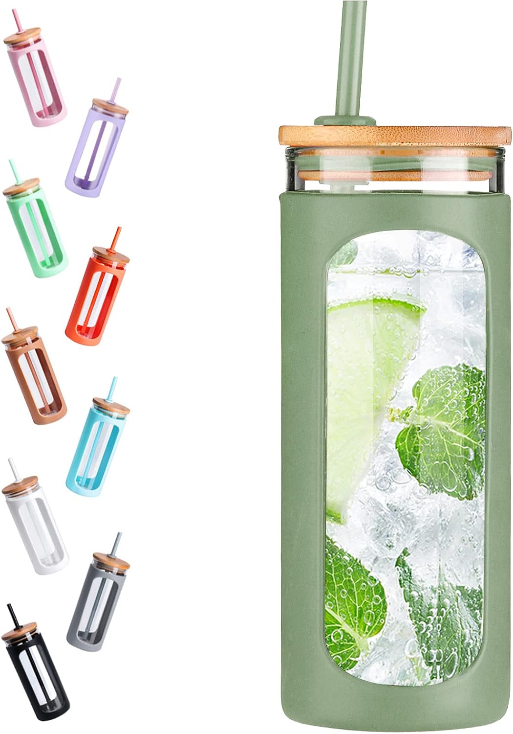 Kodrine 20oz Glass Water Tumbler with Straw and Lid, Bamboo Lids Water Bottle, Iced Coffee Cup Reusable, Wide Mouth Smoothie Cups with Protective Silicone Sleeve BPA FREE-Black - Colors A