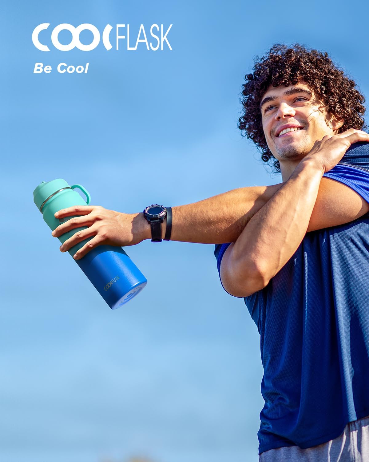Half Gallon Water Bottle Insulated with Straw & 3 Lids, Coolflask 64 oz Water Jug Large Metal Stainless Steel Wide Mouth for Sports, Gym or Office, Non-BPA Keep Cold 48H Hot 24H, Samurai Cyan