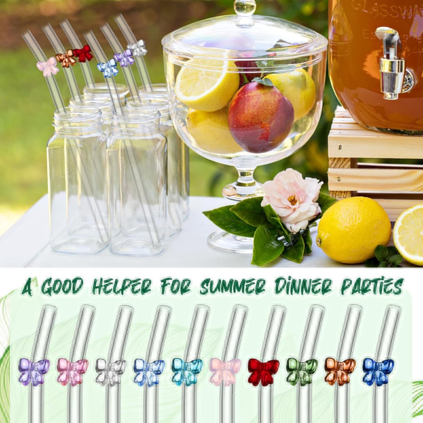 Meanplan 10 Pcs Cute Reusable Glass Straws with Design,8 mm x 7.9'' Shatter Resistant Butterfly Bow Clear Bent Glass Straw with Cleaning Brush for Drink Party Milkshakes Juice (Mixed Color)