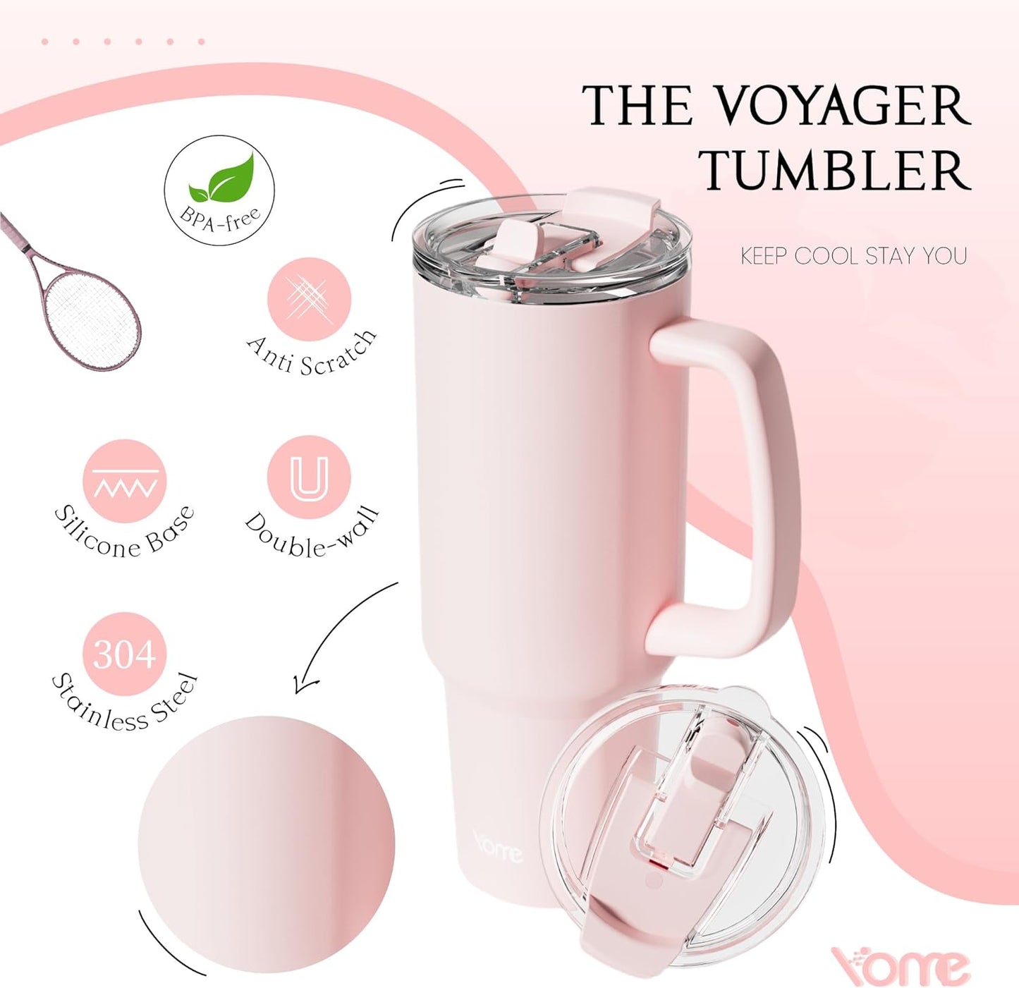 YOME 40oz Nurse Tumbler with Handle and Flip Straw | Stainless Steel Insulated Water Bottle | Keeps Drinks Cold | Dishwasher Safe | Cupholder Friendly | Gift Gym Travel Yoga
