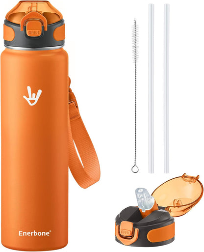 Enerbone 24 oz Insulated Water Bottle, Stainless Steel Bottle with Carrying Strap, Double-Wall Vacuum Insulation Design, Leakproof Sports Bottle with Straw, Keep Drinks Cold or Hot for Hours