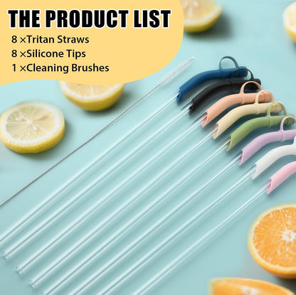 Reusable Tritan Straws with Silicone Tips 8 Pack, 11.8" BPA Free Drinking Straws Compatible with Stanley 40 oz 30 oz up Tumblers with Cleaning Brush, Dust-Proof Cover Cap for Car Travel Office Home