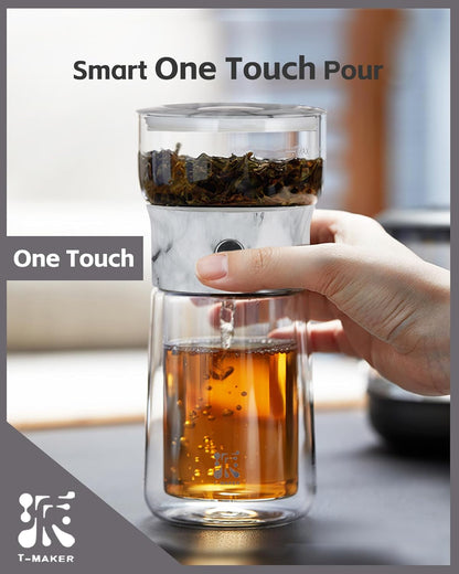 ZENS Modern Glass Infuser Teapot, One Touch Tea Maker for Loose Leaf Tea with Insulated Mug and Portable Case. Enchanted Pot Alternatives for Tea Lover Gifts
