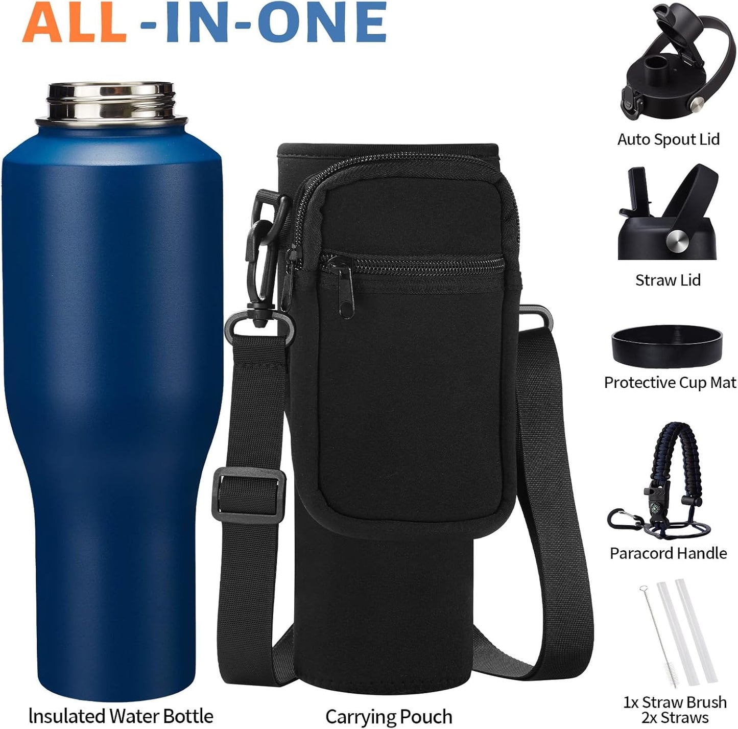 Insulated Water Bottle 40 oz - Fits in any Car Cup Holder, Keep Cold 48H Hot 24H, Stainless Steel Waterbottle Double Wall Flask with Straw, Pop-up Spout Lid, Paracord Handle, Carrier Bag