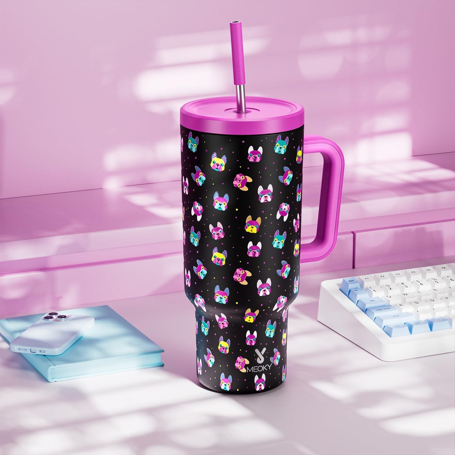 Meoky 40 oz Tumbler with Handle and Straw: Stainless Steel Insulated Tumbler with Lid and Straw - 100% Leak Proof Tumbler for Car Cup Holders - Travelers Commuters Workers, Donut