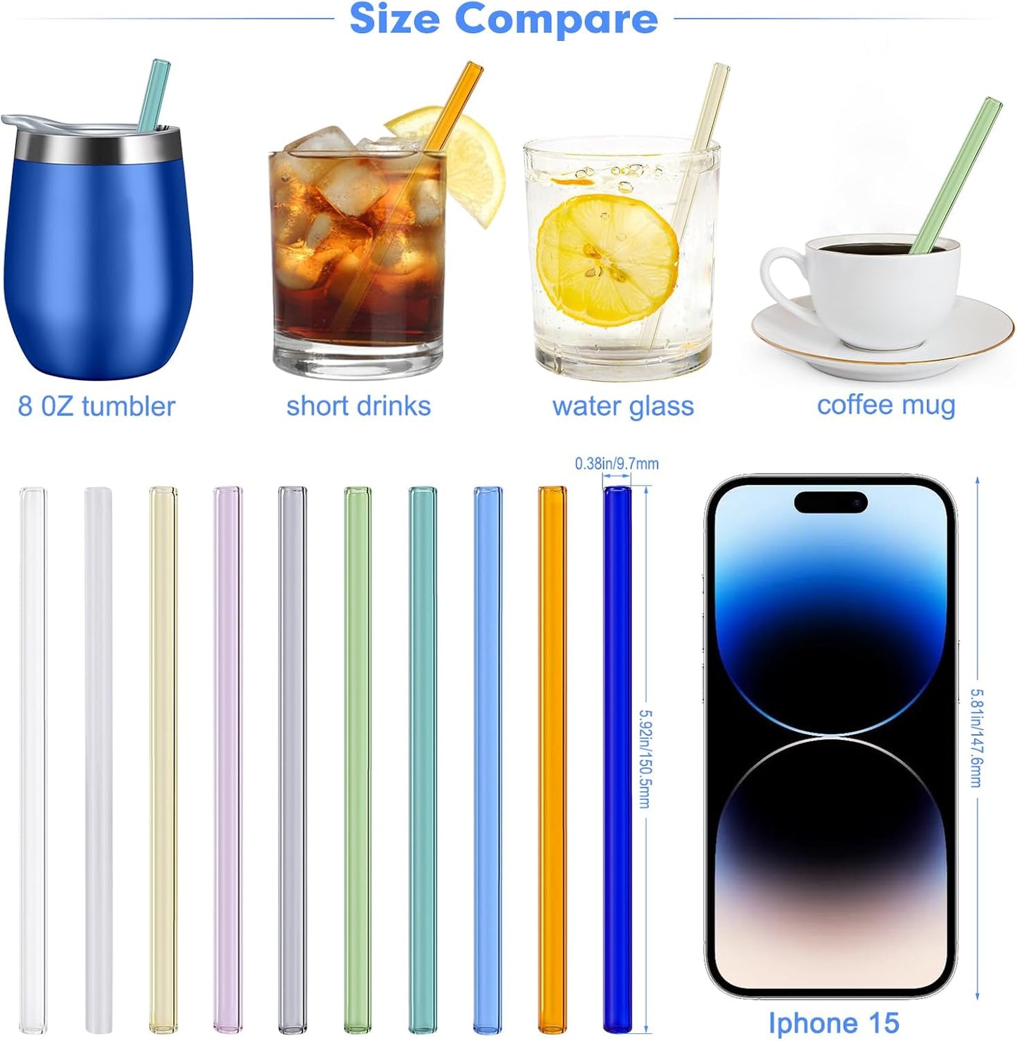10 Pcs Reusable Bent Short Glass Straws,6''x8 mm Colorful Glass Straws Shatter Resistant with 2 Cleaner Brush for Short Tumblers,Whiskey&Cocktail Glasses Cups,Coffee Mugs