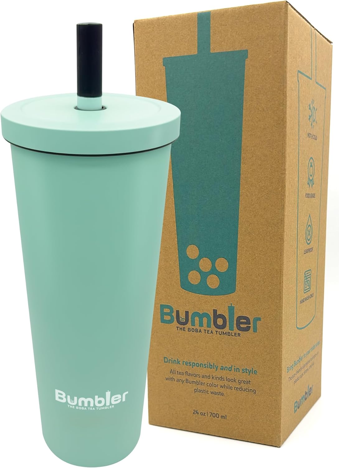 Bumbler Original Boba Tea Cup - 24oz Double-Walled Plastic Reusable Tumbler with Extra Wide Straw & Leak-Proof Lid - BPA-Free Smoothie & Iced Coffee Travel Mug - Blush Pink