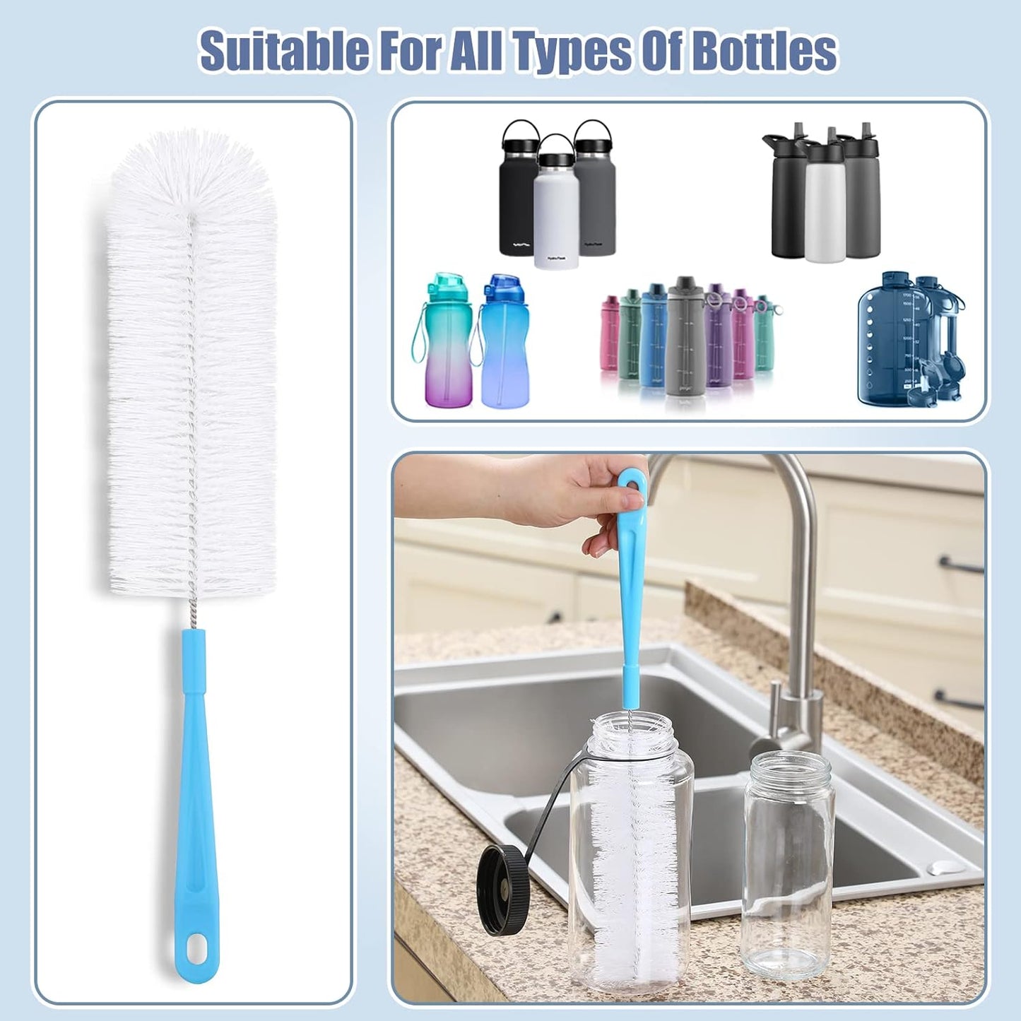 16" Bottle Brush Cleaner for Water Bottle - Long Handle Bottle Brush for Cleaning Narrow Neck Sport Bottles,Beer Bottle and Jugs, Set of 2