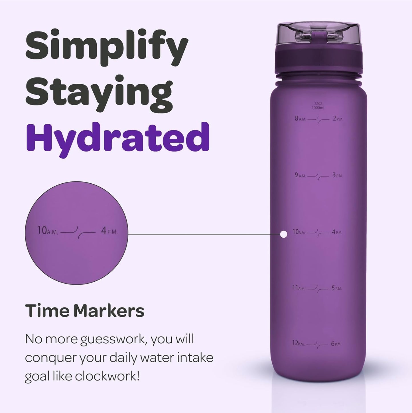 Hydracy Water Bottle with Time Marker -Large BPA Free Water Bottle & No Sweat Sleeve -Leak Proof Gym Bottle with Times to Drink - Ideal for Fitness Sports & Outdoors