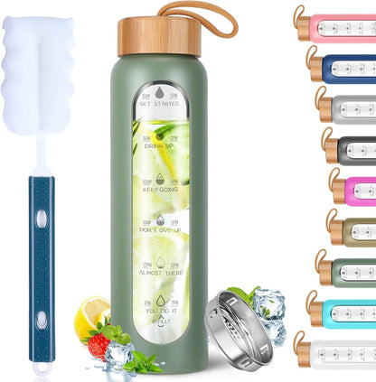 Aqulea Glass Water Bottles 25 Oz with Silicone Sleeve - BPA Free Reusable Wide Mouth Glass Motivational Water Bottles with Fruit Infuser – Leak Proof Borosilicate Water Bottle with Time Marker (White)