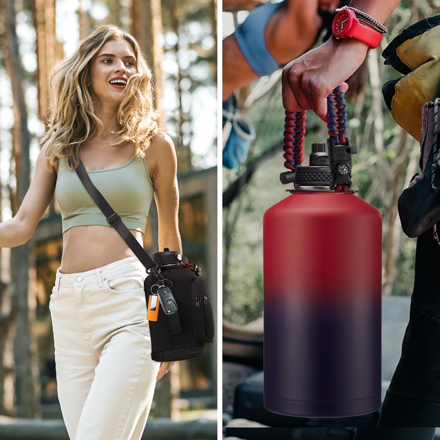 32/40/64OZ Insulated Water Bottle - Keep Cold 48H Hot 24H, Combo Straw/Spout Lids, Paracord Handle for Gym/Hiking, Carrier Bag +Strap, Cup Mat, BPA-Free Stainless Steel Flask Jug