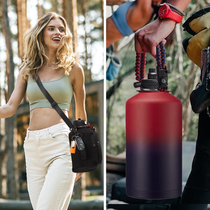 32/40/64OZ Insulated Water Bottle - Keep Cold 48H Hot 24H, Combo Straw/Spout Lids, Paracord Handle for Gym/Hiking, Carrier Bag +Strap, Cup Mat, BPA-Free Stainless Steel Flask Jug