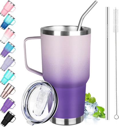 40 oz Tumbler with Handle, Insulated Tumbler with Lid and Straw, Reusable Stainless Steel Vacuum Insulated Cup, 100% Leak Proof Thermal Travel Coffee Mug Cup for Cold and Hot (Light Purple)