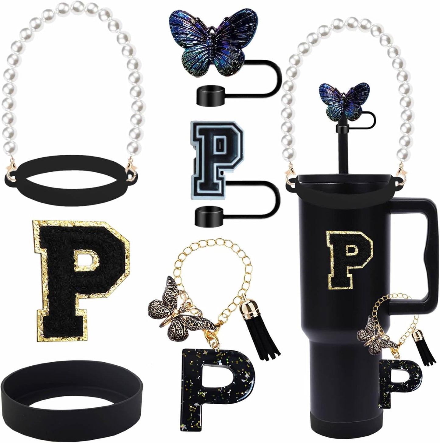 7pcs Cup Accessories for Stanley 30/40oz Tumbler, Handle Strap, Straw Cover, Silicone Boot, Letter Charm Stickers