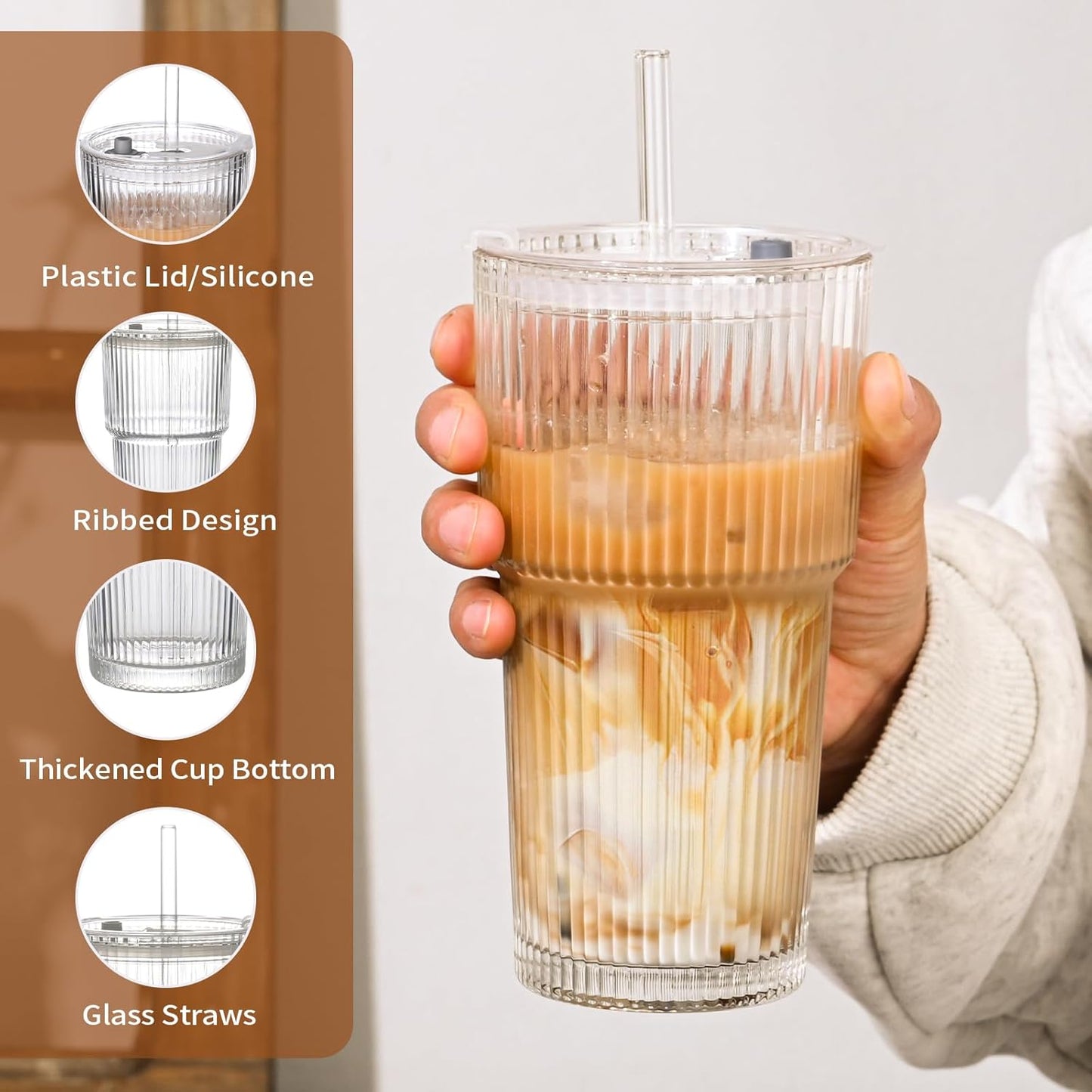 20oz Ribbed Glass Cups with Lids and Straws,1PCS Glass Tumbler with Straw and Lid,Iced Coffee Cups Drinking Glasses for Juice Whiskey Cocktail Beer