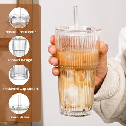 20oz Ribbed Glass Cups with Lids and Straws,1PCS Glass Tumbler with Straw and Lid,Iced Coffee Cups Drinking Glasses for Juice Whiskey Cocktail Beer