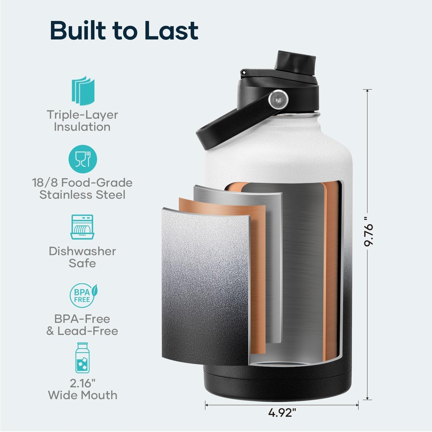 BUZIO 40oz Insulated Water Bottle, Triple Wall Vacuum Stainless Steel Water Flask with 2 lids, Lead-Free BPA-Free Straw Lid Sports Canteen Jug, Cold 48H & Hot 24H- Black - Colors A