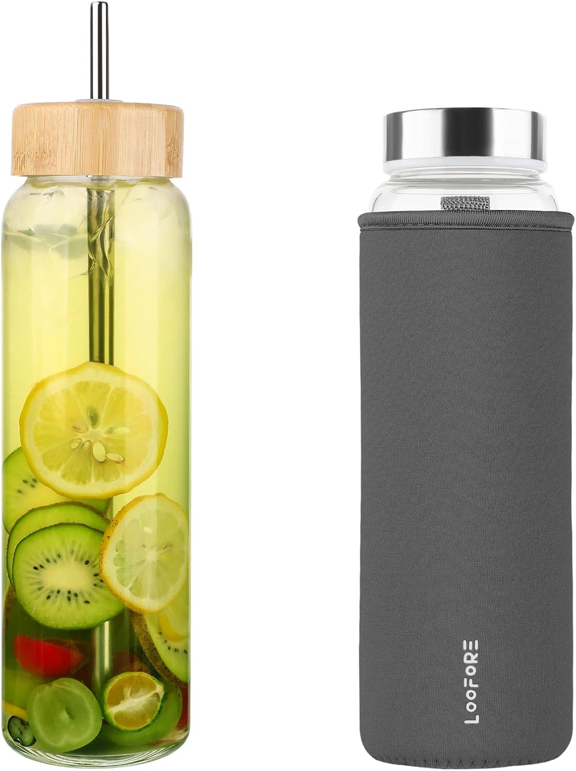 32 oz Glass Water Bottle with Straw - Reusable Eco Friendly Bpa Free - Borosilicate Glass Water Bottles with 2 Lids & Neoprene Sleeve - for Gym, Sports & Workout, Daily - 1 Pack