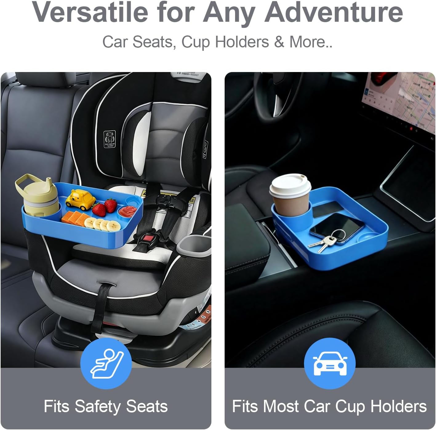 Car Seat Snack Tray for Toddlers - 3 Inch Cup Holder Fits Most Sippy Cups & Straw Bottles with Dip Well, Mess-Free Square Kids Travel Tray Road Trip Essentials, Black