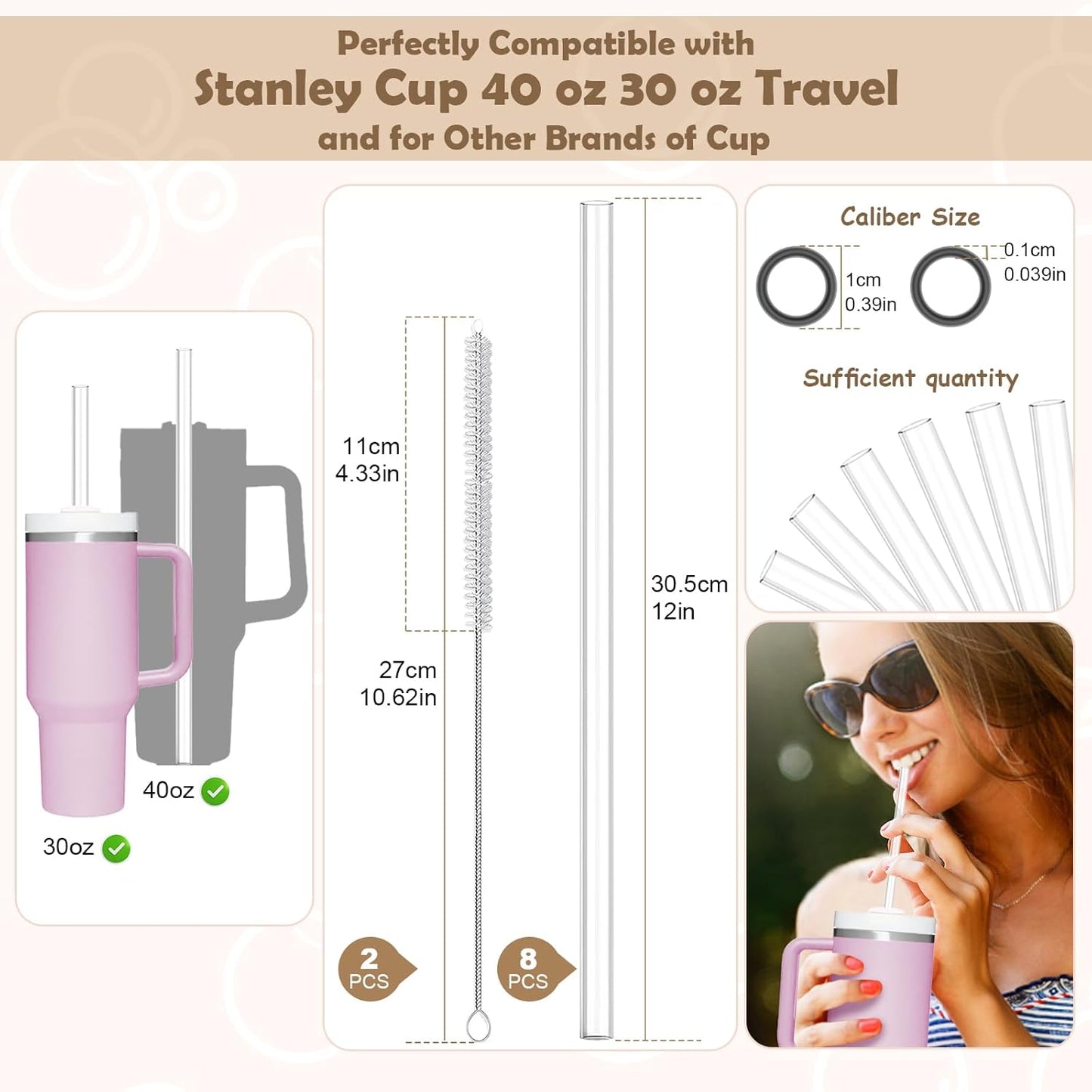 AOTWAN Glass Straws for Stanley 10 Pack 40/30 oz Tumbler,12inch Replacement Straw for Stanley 4 Straight and 4 Bent with 2 Brushesh,Reusable Glass Straws for Stanley Cup