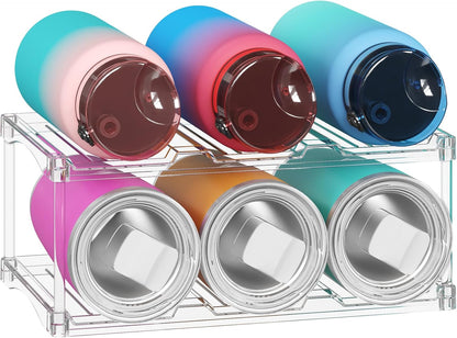Lifewit Stackable Bottle Storage Organizer, Clear Freestanding Wine Holder for Cabinet, Large Slot Water Bottle Tumbler Cup Organizer for Pantry, Plastic Wine Rack for Fridge Cellar, 3Tier Hold 9