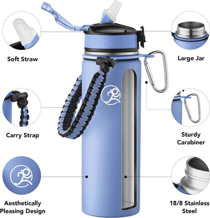 GOSWAG Insulated Sports Water Bottle, 24oz 2 Lids(with Straw/No Straw), Stainless Steel Water Bottles with Paracord Handle, Insulated Bottle with Double-Wall Vacuum Insulation