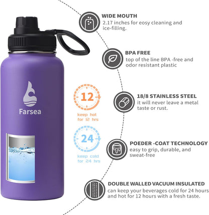 Farsea Insulated Water Bottle With Paracord Handle, Protective Silicone Boot and 2 Lids (Straw Lid & Spout Lid), Stainless Steel Water Bottle Wide Mouth, Double Wall Sweat-Proof BPA-Free, 24 oz