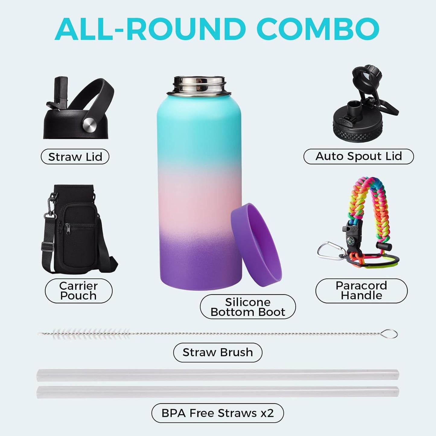 32/40/64OZ Insulated Water Bottle - Keep Cold 48H Hot 24H, Combo Straw/Spout Lids, Paracord Handle for Gym/Hiking, Carrier Bag +Strap, Cup Mat, BPA-Free Stainless Steel Flask Jug
