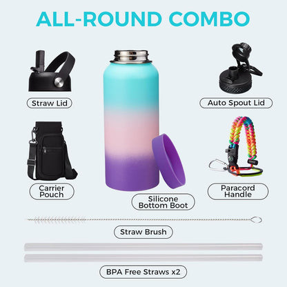 32/40/64OZ Insulated Water Bottle - Keep Cold 48H Hot 24H, Combo Straw/Spout Lids, Paracord Handle for Gym/Hiking, Carrier Bag +Strap, Cup Mat, BPA-Free Stainless Steel Flask Jug
