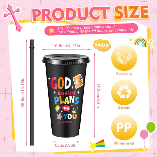 Uiifan 10 Pcs Christian Tumblers with Straws for Kids, Bible Verse Cups for VBS, Sunday School, Church Party Favors and Faith Gifts, Reusable Plastic Tumblers with Lids, 24 oz, White