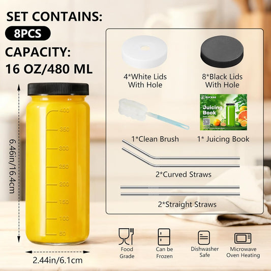 Ruckae 16oz 10 Pack Juice Bottles, Glass Bottles with Lids, Smoothie Cup Lids and Straws, Water Bottle Mason Jar Drinking Glasses for Juicing, Smoothies, Kombucha