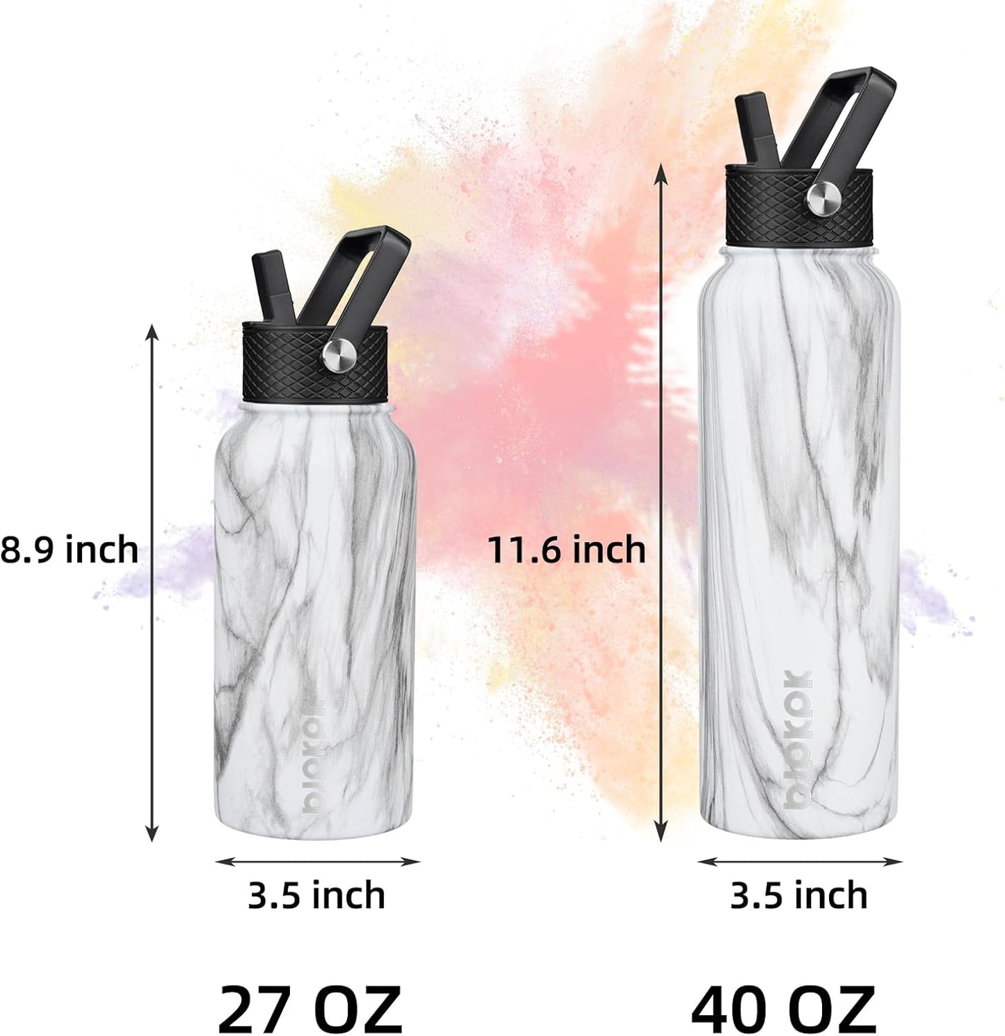 BJPKPK Insulated Water Bottles with Straw Lid, 40oz Stainless Steel Water Bottles with 3 Lids, BPA Free Leakproof Thermo, Tumblers, Cups for Sports, Gym- Midnight - Colors A