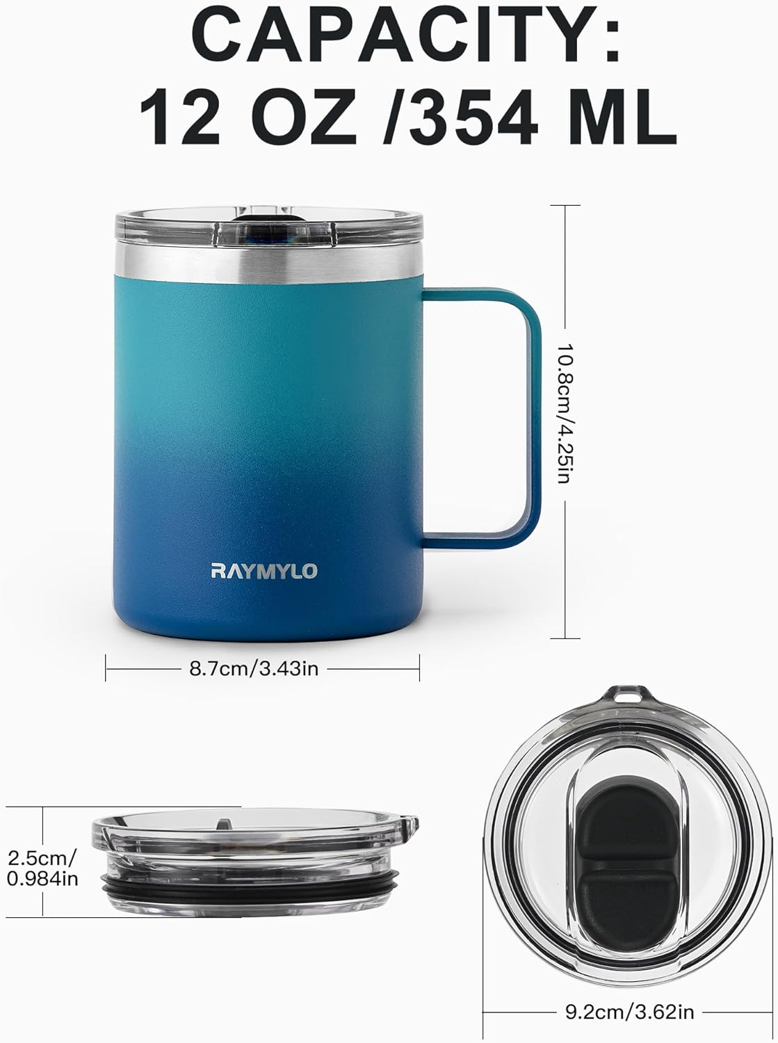 RAYMYLO Insulated Coffee Mug 12 oz, Double Wall Stainless Steel Coffee Mug with Lids, Leak-Proof & Detachable Slider Lid for Thorough Clean, Keeps Coffee Cold for 9 Hrs, Suitable for Camp Home Office
