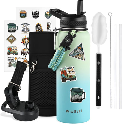 WixByti 40 oz Insulated Water Bottle with Straw (Cold for 36 Hrs), Stainless Steel Triple Wall Vacuum Sports Water Jug, Leakproof Hydro Cup Flask with Paracord Handle & Straw Spout Lids & DIY Stickers