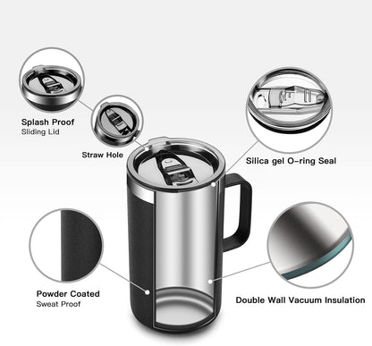 KXIAOCHEN 20oz Insulated Coffee Mug with Lid, Stainless Steel Coffee Cup, Double Wall Vacuum Coffee Tumbler with Handle, Premium Thermal Travel Coffee Mug (Navy Blue)