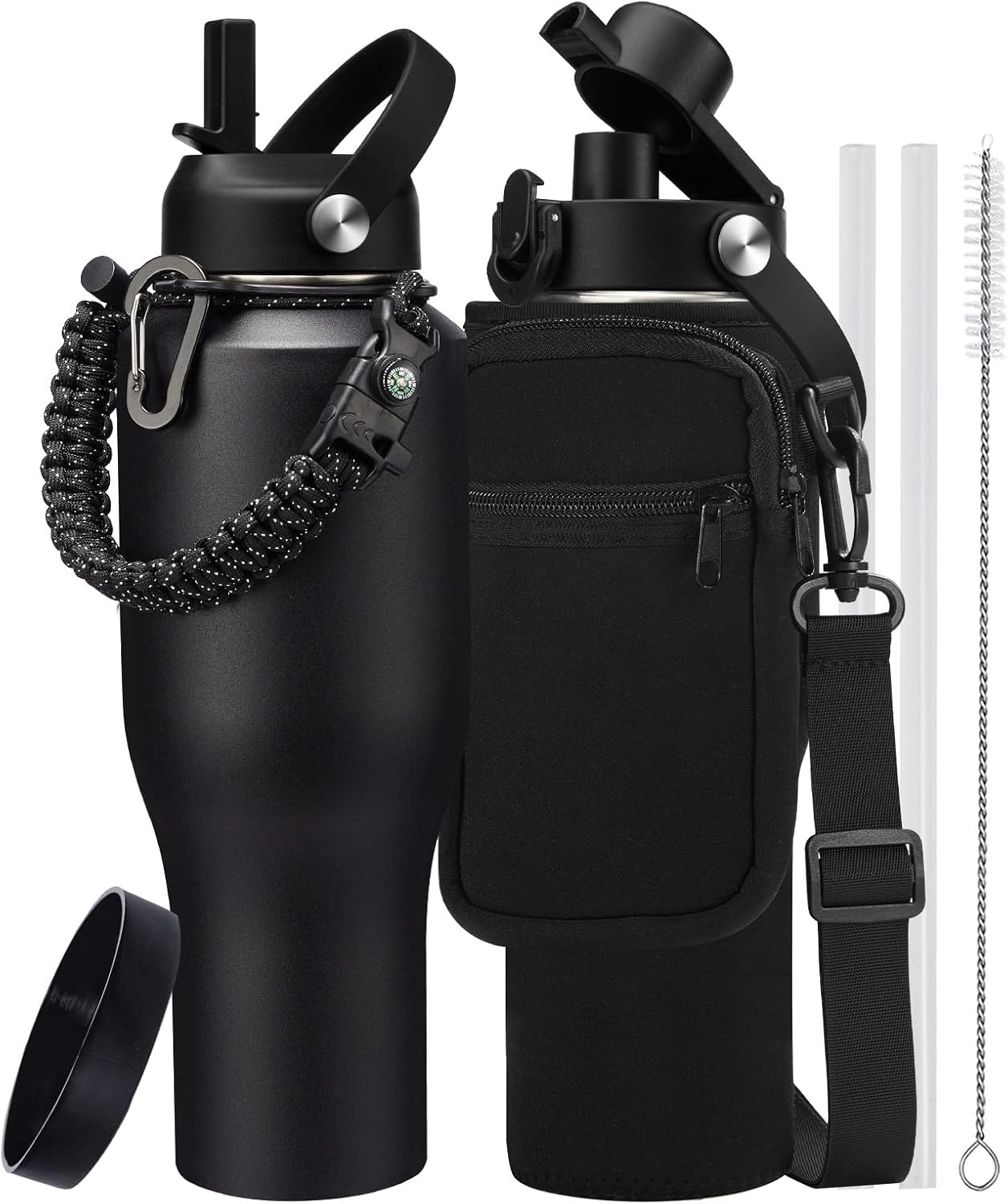 Insulated Water Bottle 40 oz - Fits in any Car Cup Holder, Keep Cold 48H Hot 24H, Stainless Steel Waterbottle Double Wall Flask with Straw, Pop-up Spout Lid, Paracord Handle, Carrier Bag