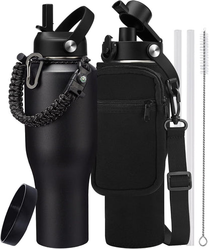 Insulated Water Bottle 40 oz - Fits in any Car Cup Holder, Keep Cold 48H Hot 24H, Stainless Steel Waterbottle Double Wall Flask with Straw, Pop-up Spout Lid, Paracord Handle, Carrier Bag
