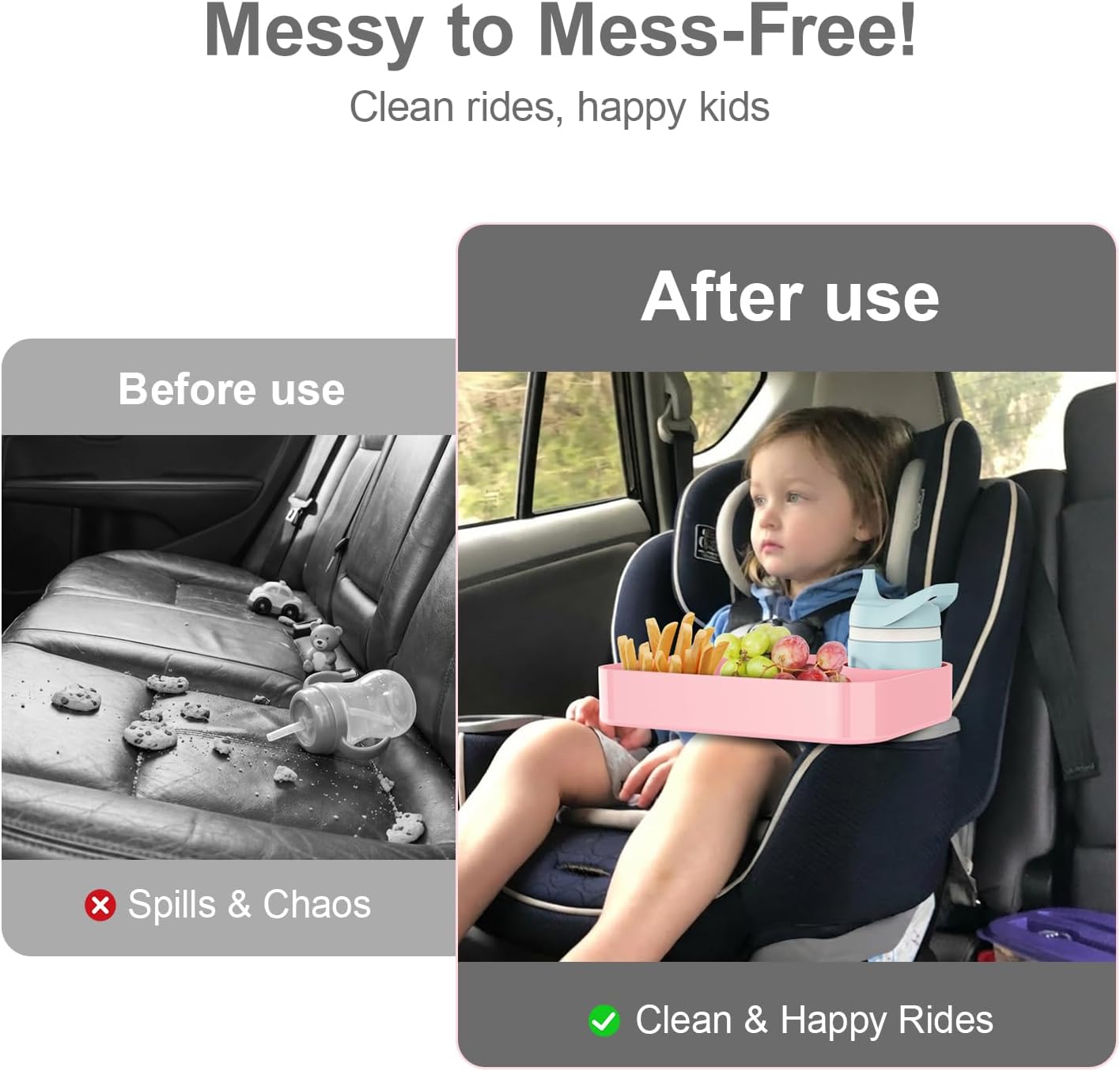 Car Seat Snack Tray for Toddlers - 3 Inch Cup Holder Fits Most Sippy Cups & Straw Bottles with Dip Well, Mess-Free Square Kids Travel Tray Road Trip Essentials, Black