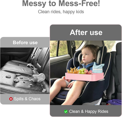 Car Seat Snack Tray for Toddlers - 3 Inch Cup Holder Fits Most Sippy Cups & Straw Bottles with Dip Well, Mess-Free Square Kids Travel Tray Road Trip Essentials, Black