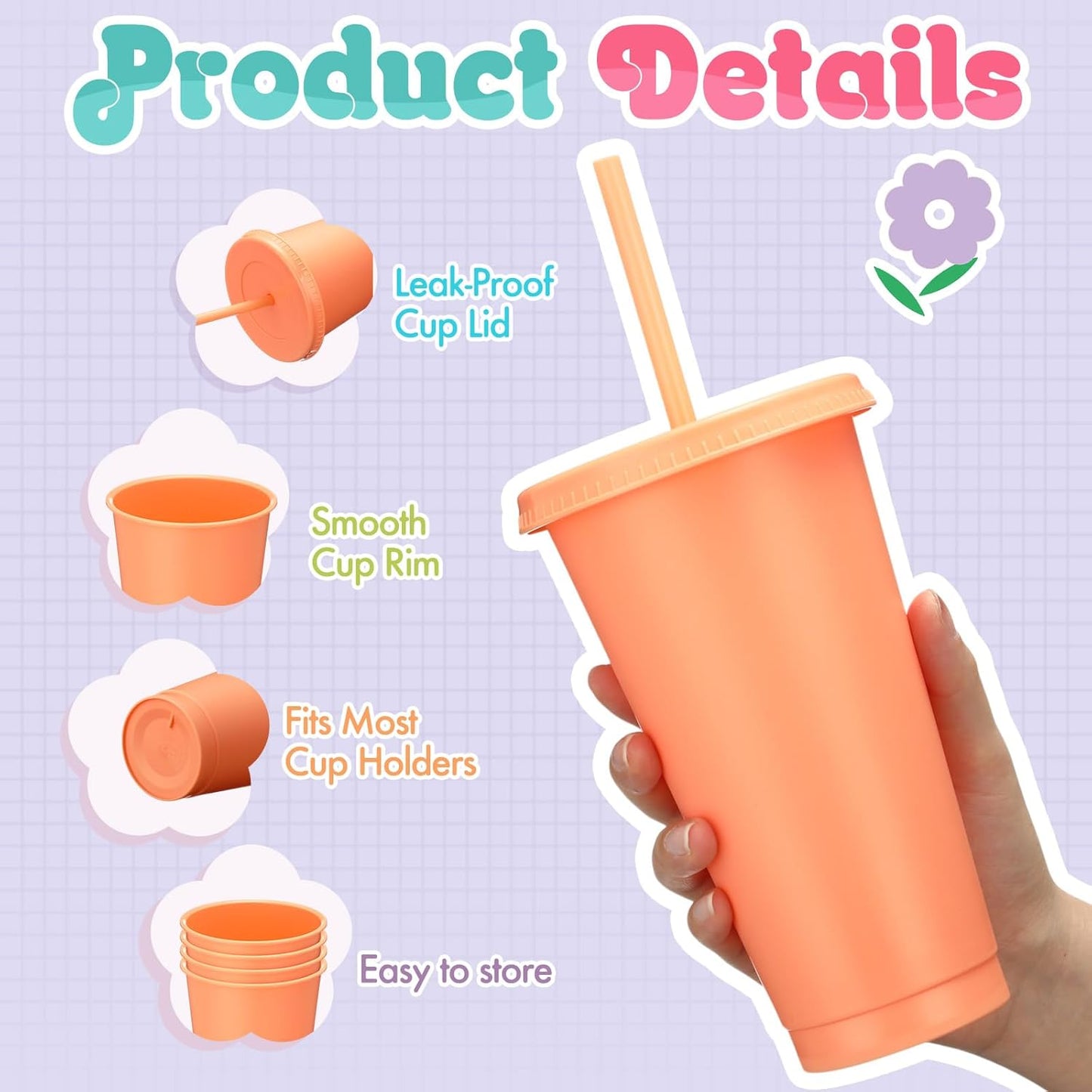 Honeydak 15 Pack Tumbler with Straw and Lid Bulk Cups for Gifts Water Bottle Iced Coffee Travel Mug Cup Reusable Plastic Tumblers for Party Birthdays 24-27 oz (Solid Color)