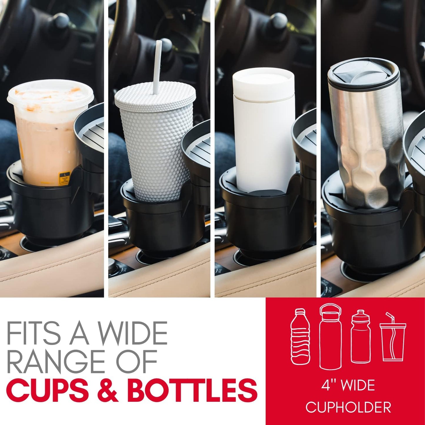 Macally Car Cup Holder Tray and Cup Holder Expander with Phone Slot - Enjoy Your Meal - 9" Car Food Tray Table and Drink Holder for Yeti, Hydroflask, etc.