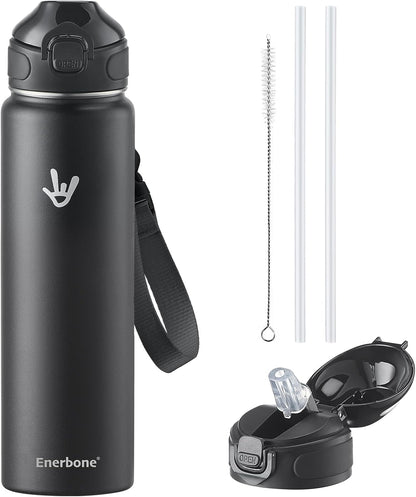 Enerbone 24 oz Insulated Water Bottle, Stainless Steel Bottle with Carrying Strap, Double-Wall Vacuum Insulation Design, Leakproof Sports Bottle with Straw, Keep Drinks Cold or Hot for Hours
