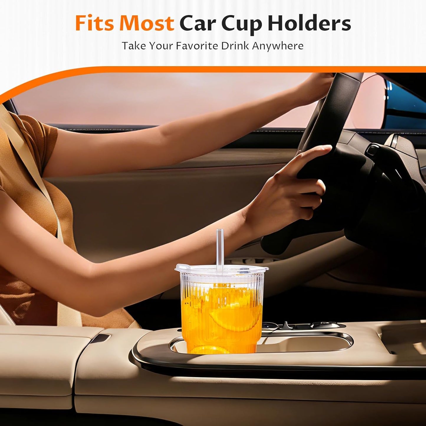 Glass Cups with Lids and Straws 4 Pack, 20oz Ribbed Glass Cups, Leak Resistant Iced Coffee Tumblers, Thick Reusable Drinking Glasses, Fits Car Cup Holder, Clear Coffee Bar Accessories
