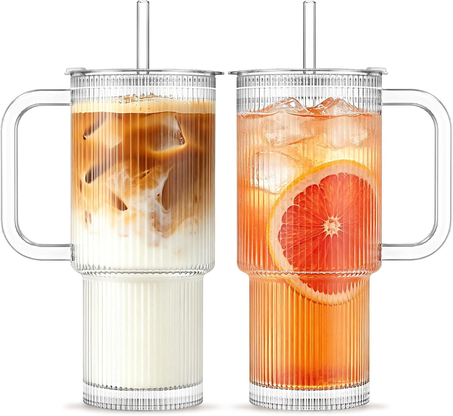 INSETLAN 24oz Ribbed Glass Tumbler with Handle & Lid – 2-Pack Large Iced Coffee Cups with Straws, Modern Glass Mug for Cold & Hot Beverages, Aesthetic Travel Cup for Smoothies, Tea, and Juice