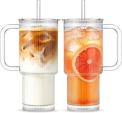 INSETLAN 24oz Ribbed Glass Tumbler with Handle & Lid – 2-Pack Large Iced Coffee Cups with Straws, Modern Glass Mug for Cold & Hot Beverages, Aesthetic Travel Cup for Smoothies, Tea, and Juice