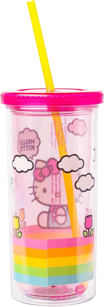 Silver Buffalo Sanrio Hello Kitty Milk Carton Pattern Plastic Boba Tumbler w Lid and Wide Straw, 24 Ounces