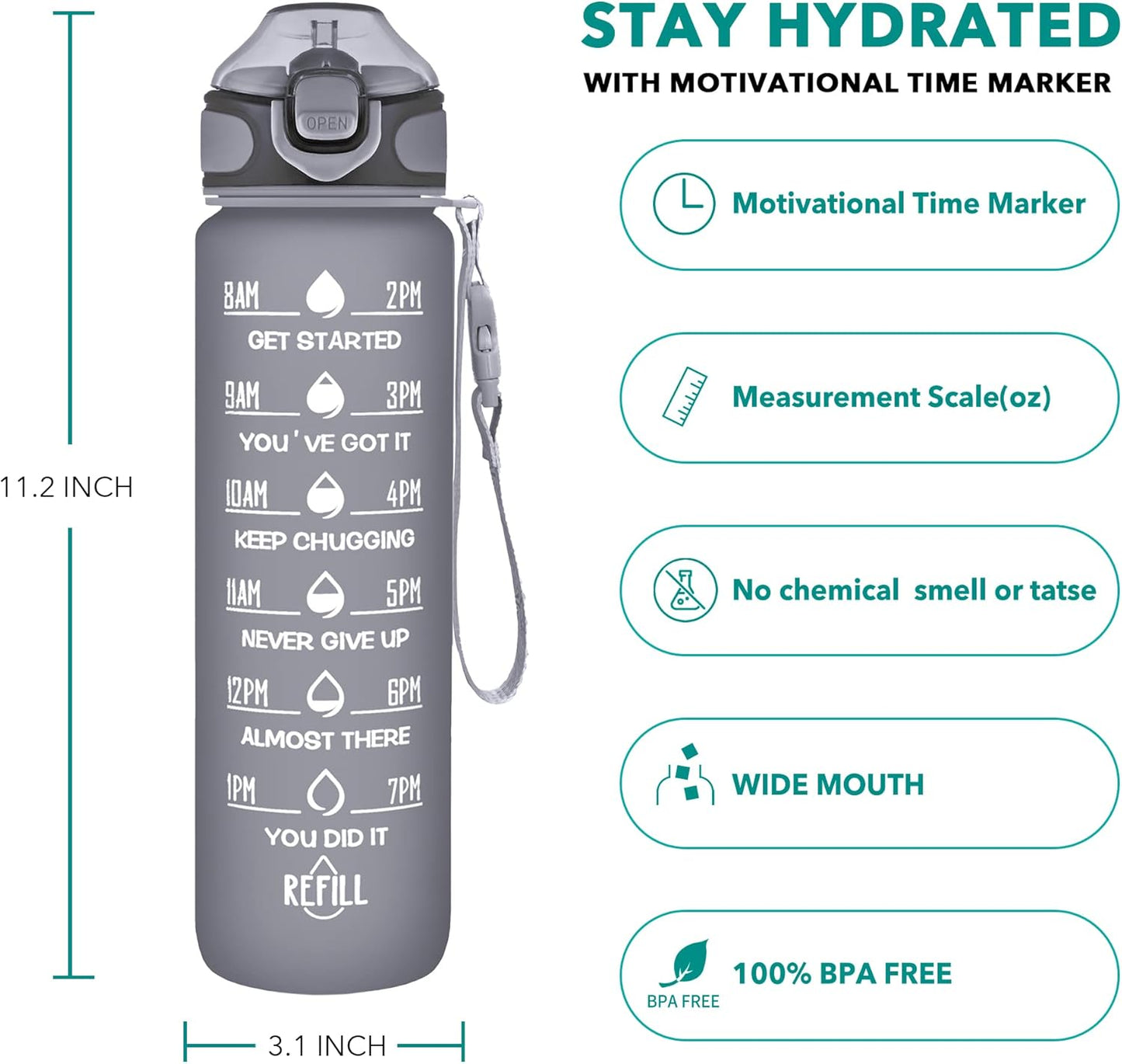 Enerbone 32 oz Drinking Water Bottle with Times to Drink and Straw, Motivational with Carrying Strap, Leakproof BPA & Toxic Free, Ensure You Drink Enough Water for Fitness Gym Outdoor